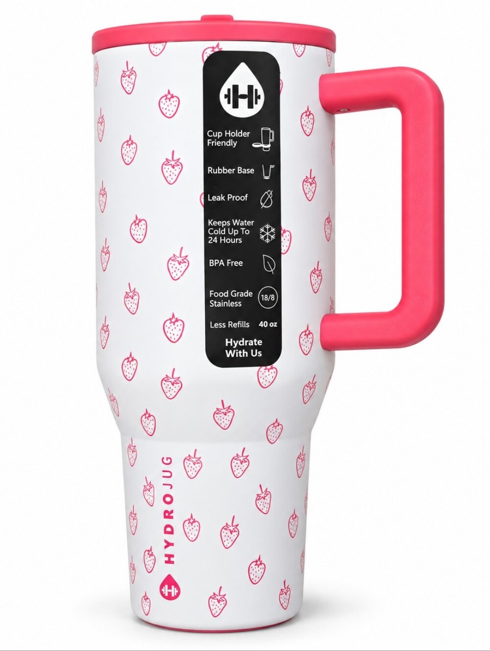 HydroJug Traveler 40 oz Strawberry Tumbler White Pink Handle Leakproof NEW
